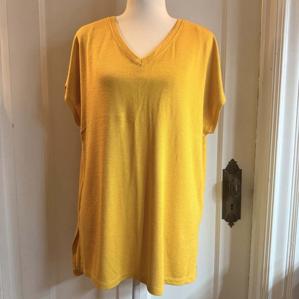 Orvis‎ Womens Tunic Size L Yellow V-Neck Stretch Short Sleeve Top